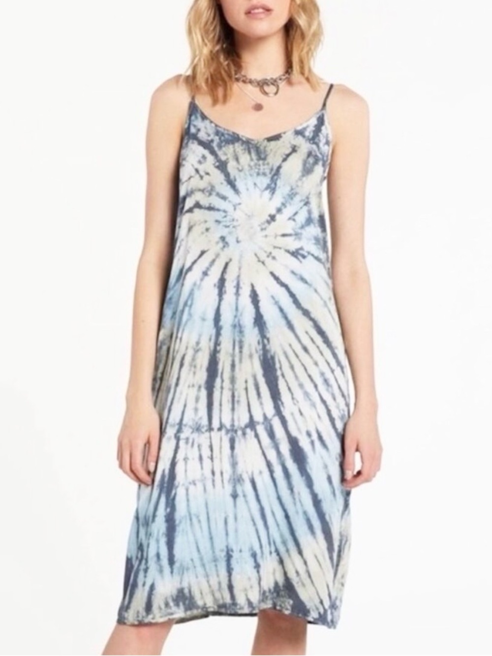 Volcom Dyed Dreams Tie-Dye Midi Dress, Blue/Grey/Tan, Women’s Size Medium